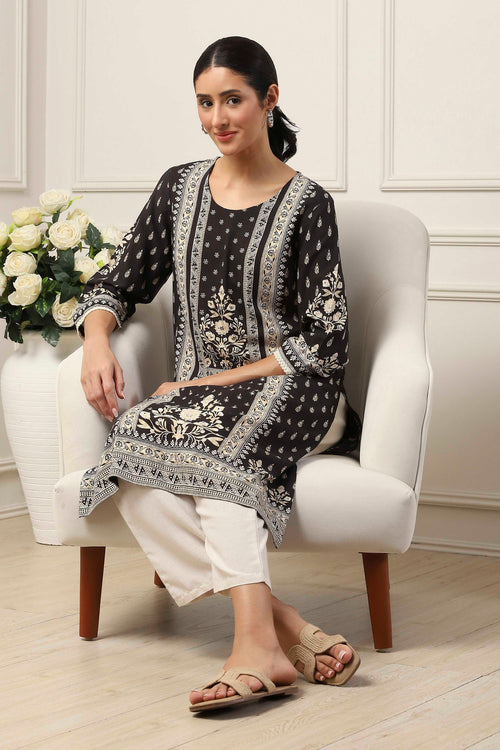 Black Viscose Rayon Ethnic Motif Printed Straight Kurta