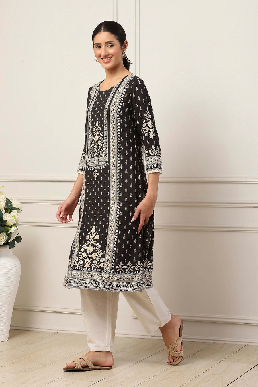 Black Viscose Rayon Ethnic Motif Printed Straight Kurta - image 3