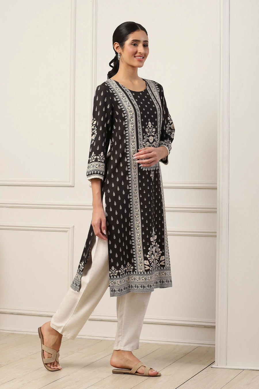 Black Viscose Rayon Ethnic Motif Printed Straight Kurta - image 5