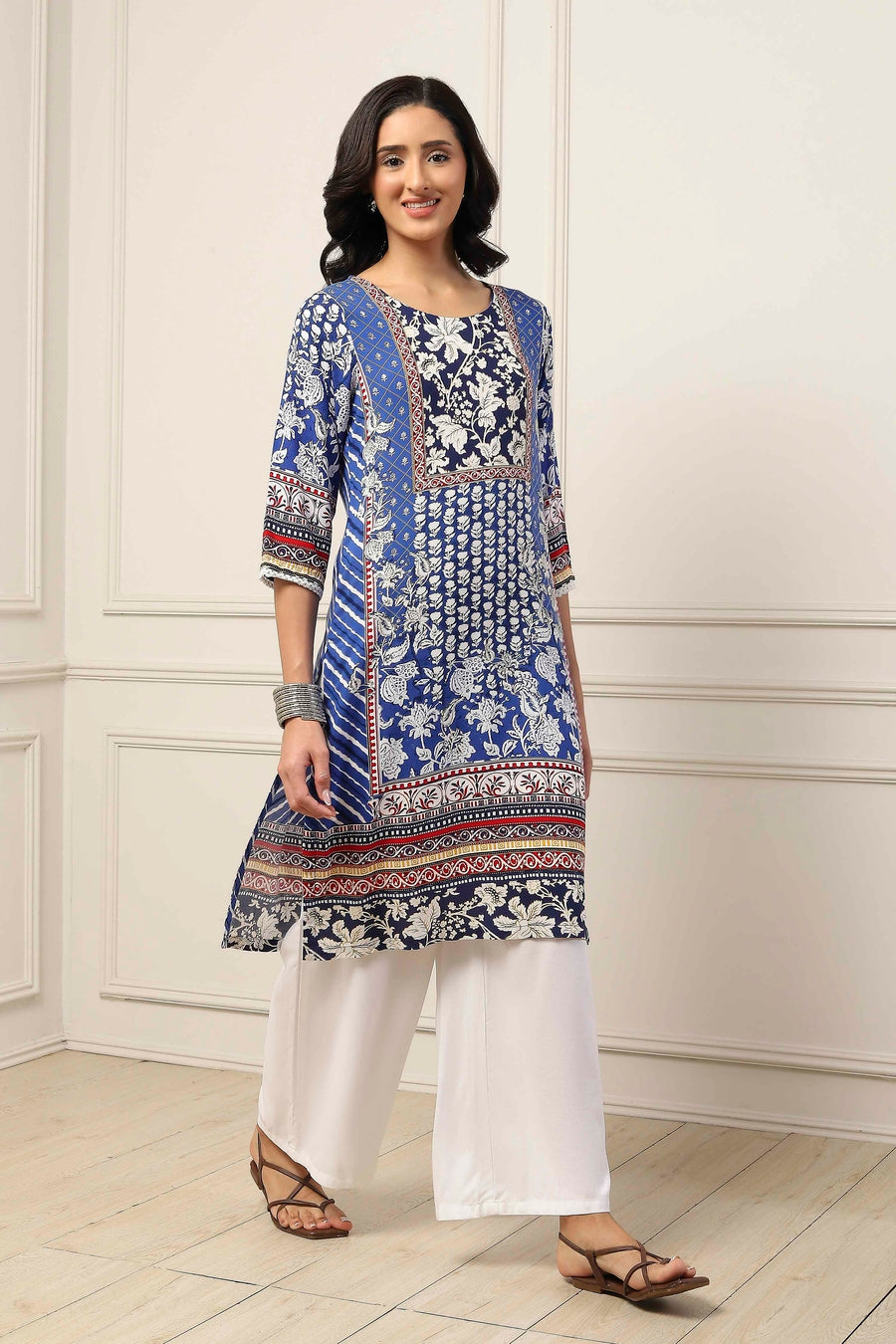 Blue Viscose Rayon Floral Printed Straight Kurta - image 5