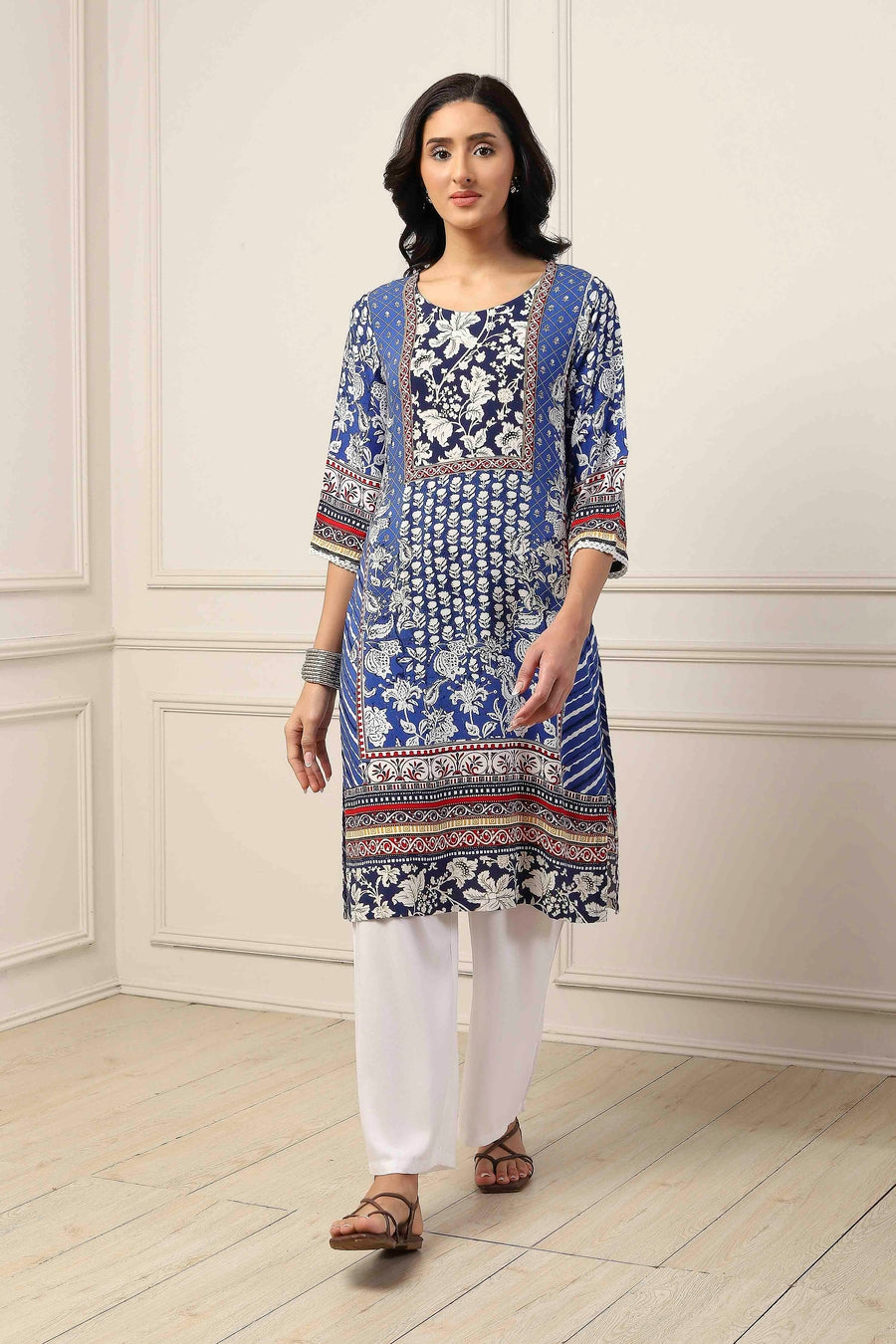 Blue Viscose Rayon Floral Printed Straight Kurta - image 6