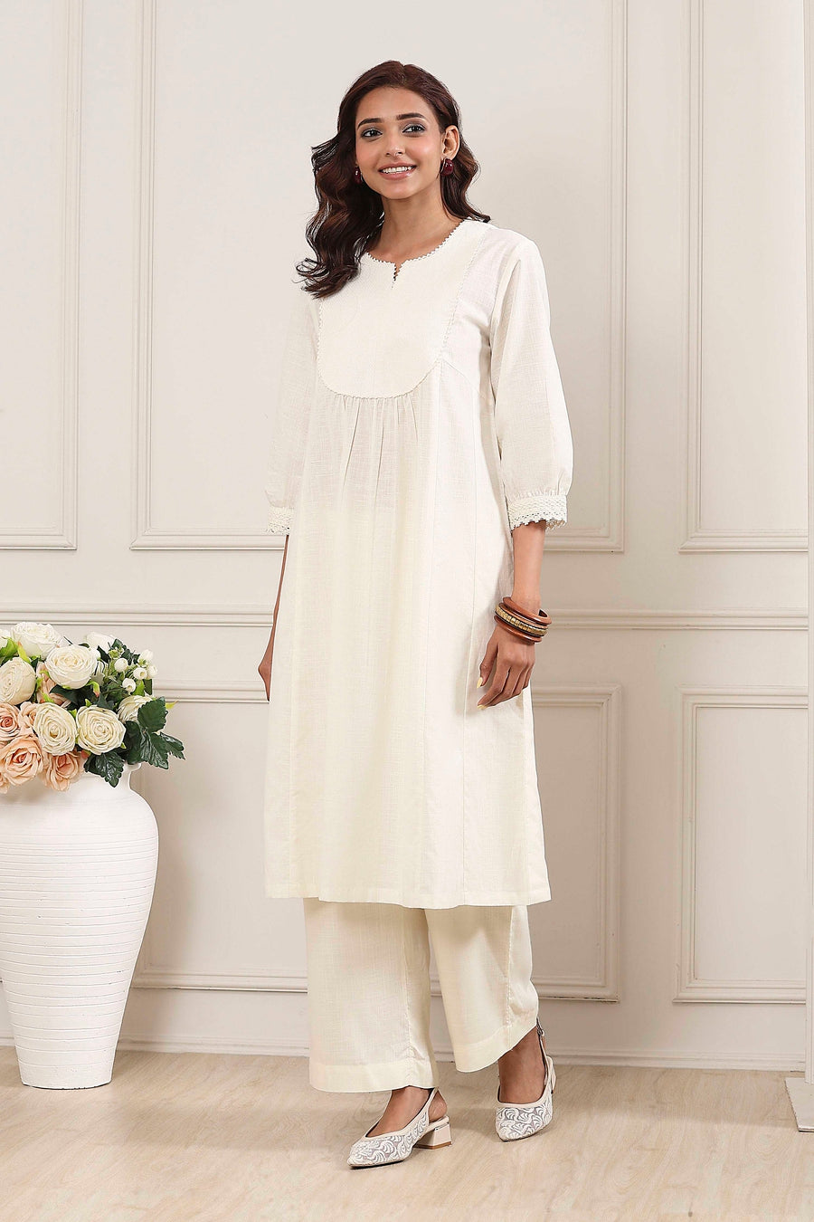Off-White Cotton Solid A-Line Kurta