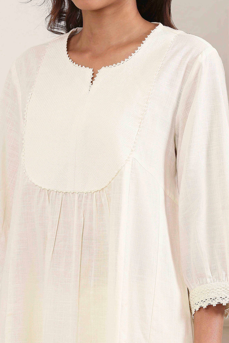 Off-White Cotton Solid A-Line Kurta - image 2