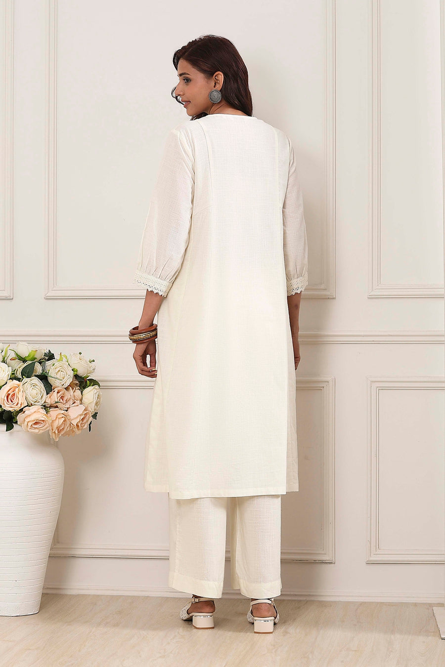 Off-White Cotton Solid A-Line Kurta - image 4