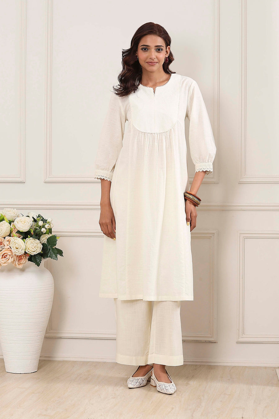 Off-White Cotton Solid A-Line Kurta - image 6