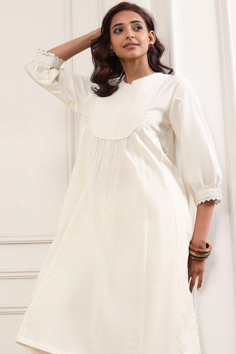 Off-White Cotton Solid A-Line Kurta - image 7