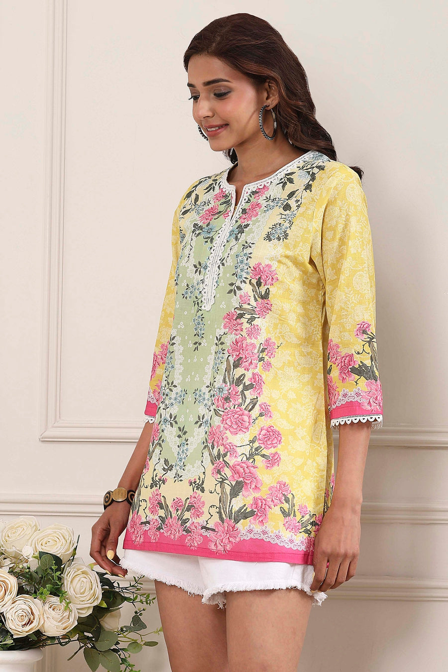 Yellow Cotton Printed Straight Short Kurta - image 3