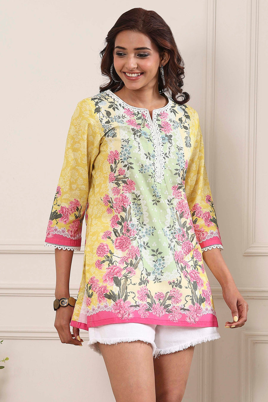Yellow Cotton Printed Straight Short Kurta - image 5