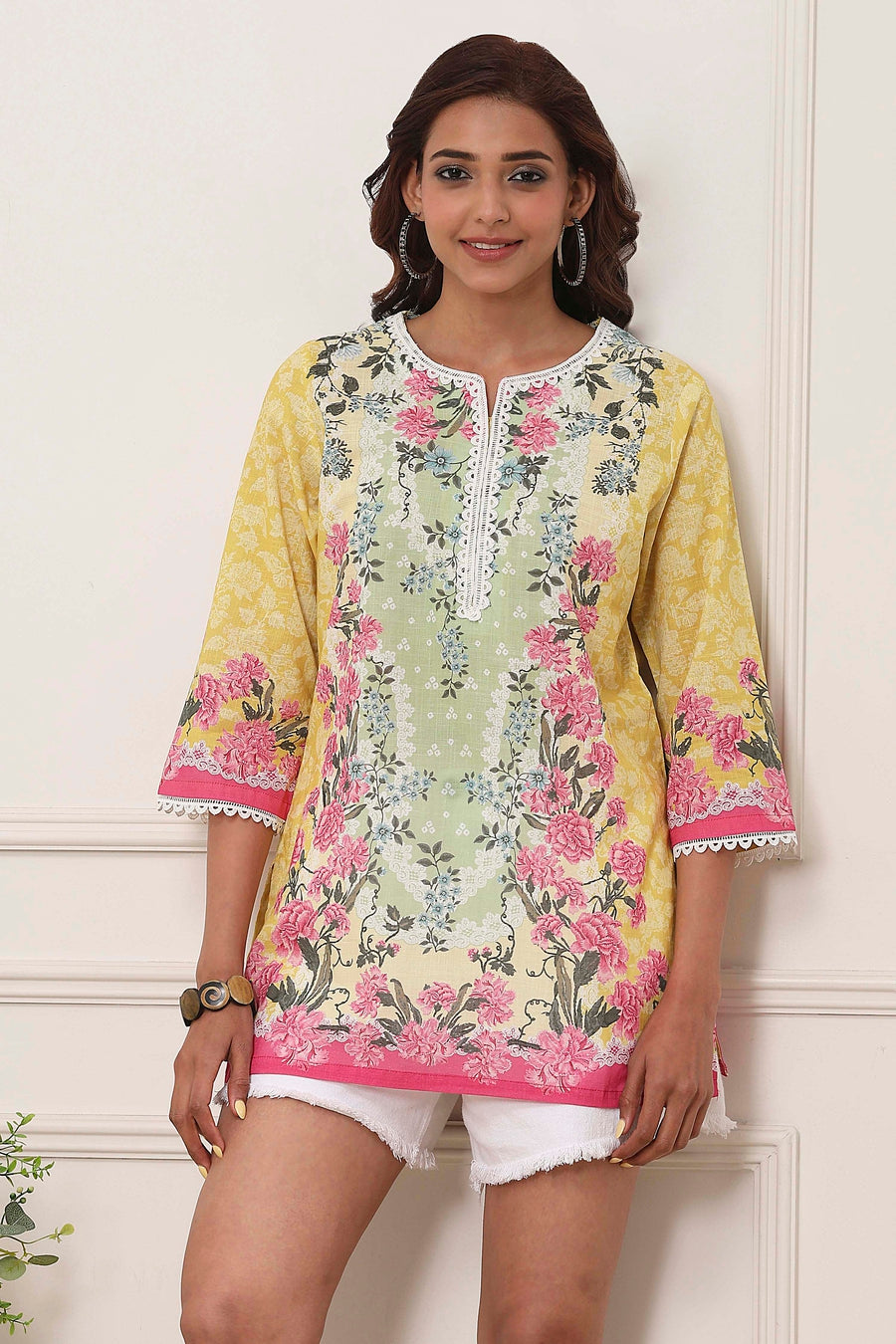 Yellow Cotton Printed Straight Short Kurta - image 6