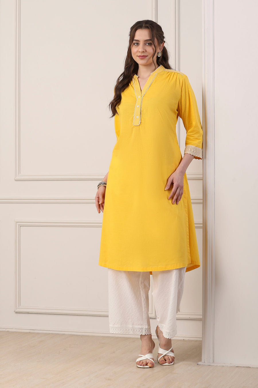 Yellow Cotton Solid Straight Kurta