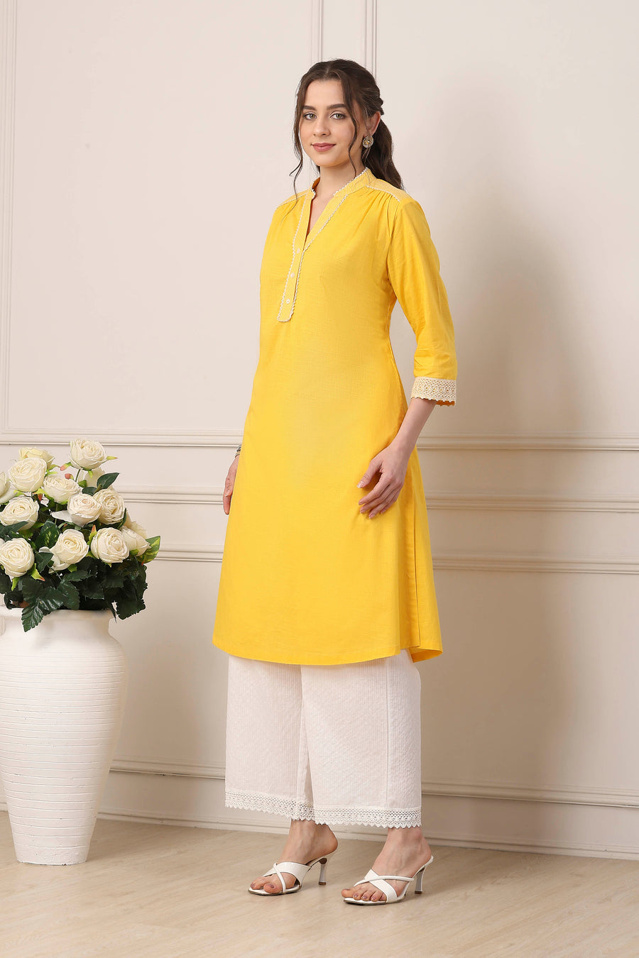 Yellow Cotton Solid Straight Kurta - image 3