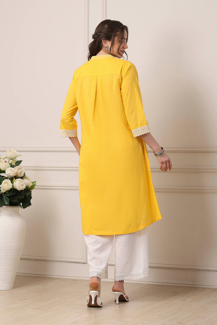 Yellow Cotton Solid Straight Kurta - image 4