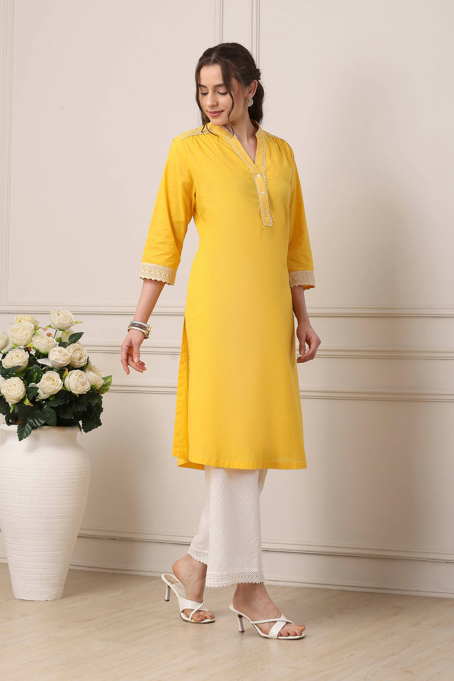 Yellow Cotton Solid Straight Kurta - image 5