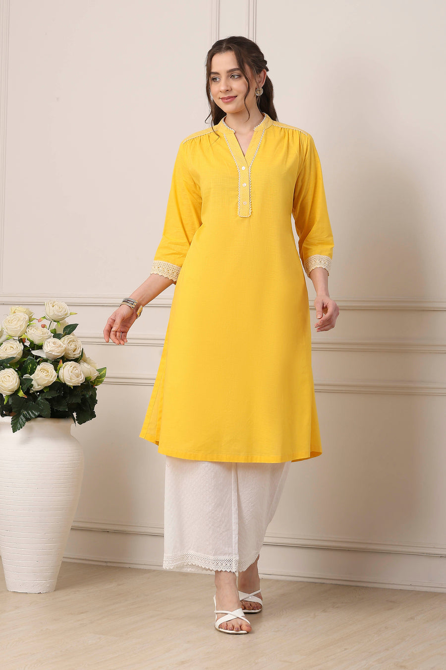 Yellow Cotton Solid Straight Kurta - image 6