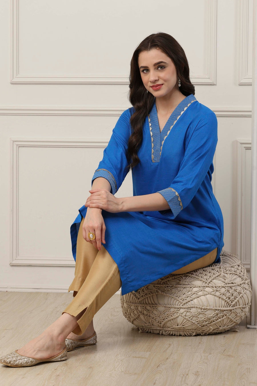 Blue Viscose Lace Embroidery Straight Kurta