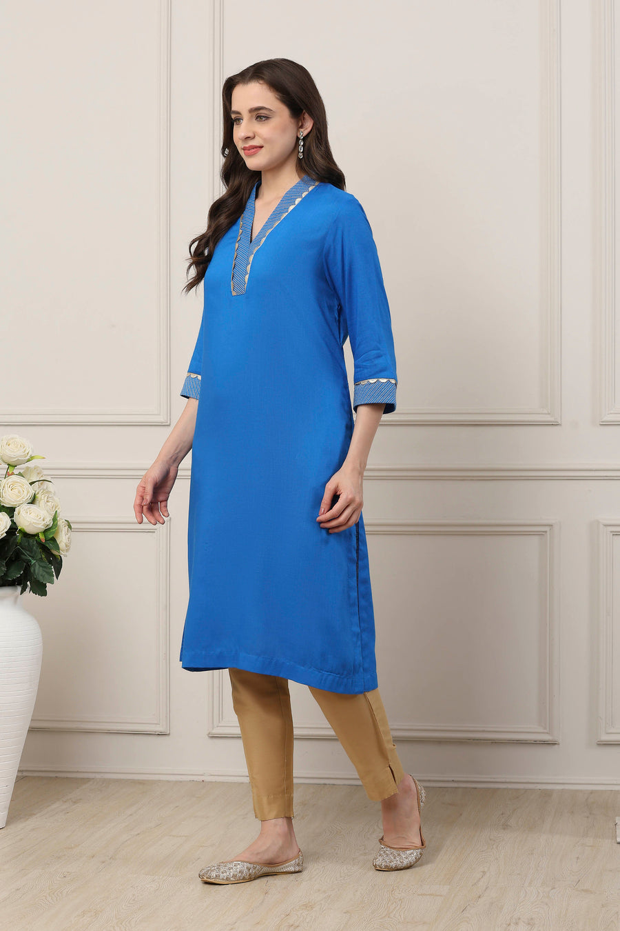 Blue Viscose Lace Embroidery Straight Kurta - image 3