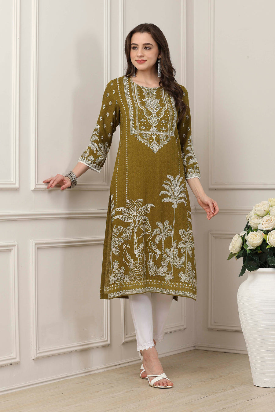 Olive-Green Viscose Ethnic Motifs Printed Straight Kurta