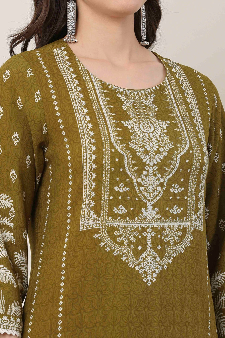Olive-Green Viscose Ethnic Motifs Printed Straight Kurta - image 2
