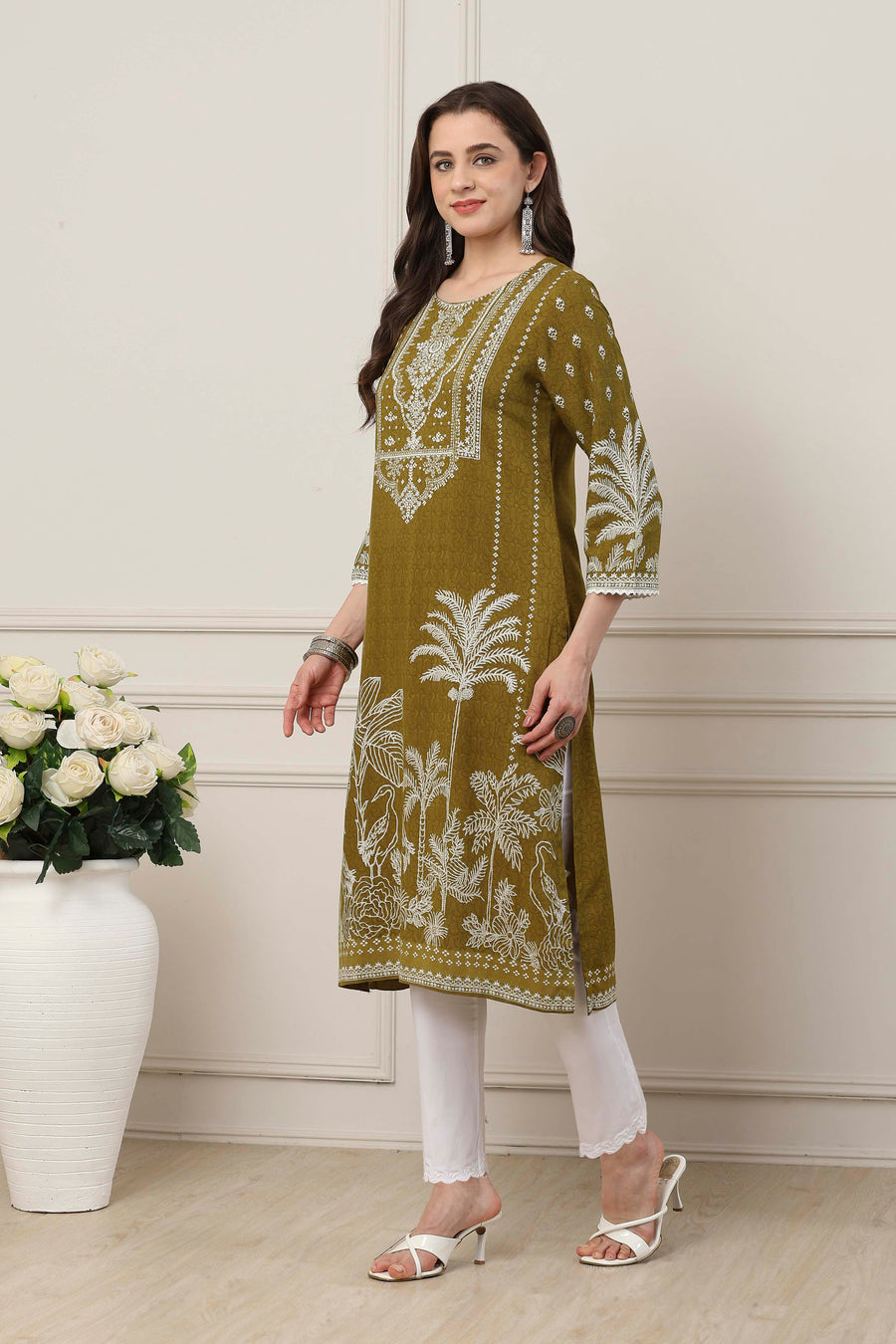 Olive-Green Viscose Ethnic Motifs Printed Straight Kurta - image 3