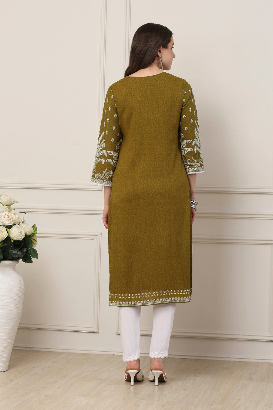 Olive-Green Viscose Ethnic Motifs Printed Straight Kurta - image 4