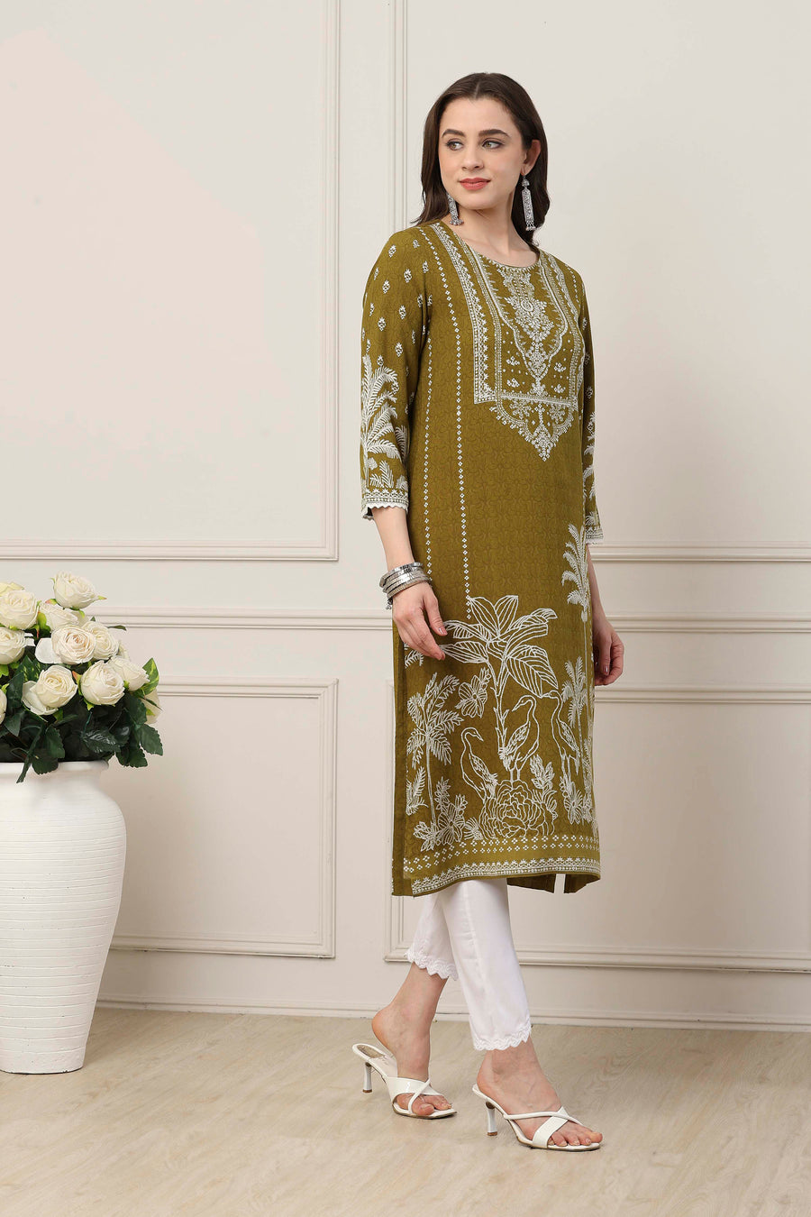 Olive-Green Viscose Ethnic Motifs Printed Straight Kurta - image 5