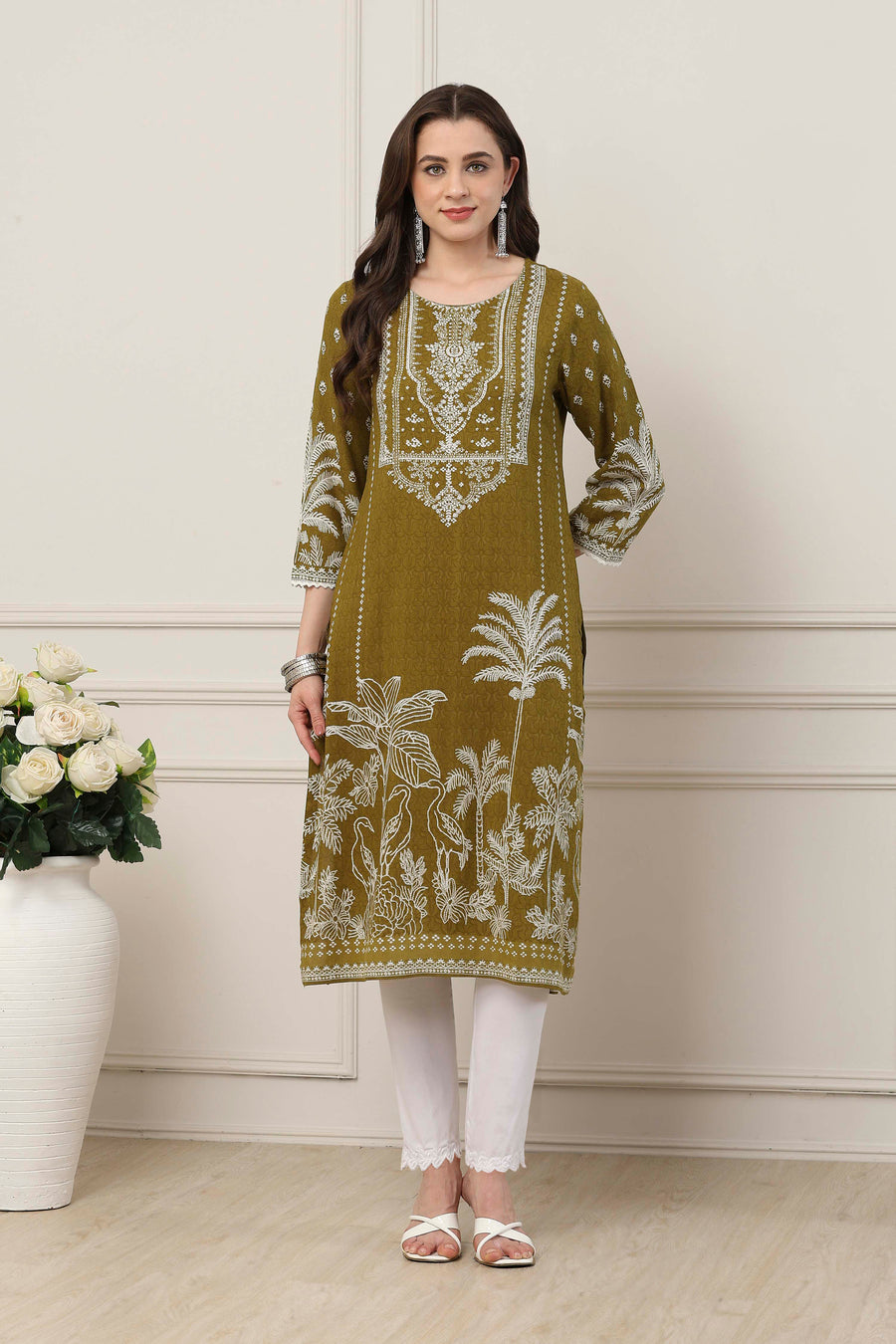 Olive-Green Viscose Ethnic Motifs Printed Straight Kurta - image 6