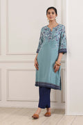 Blue Cotton Floral Printed Straight Kurta