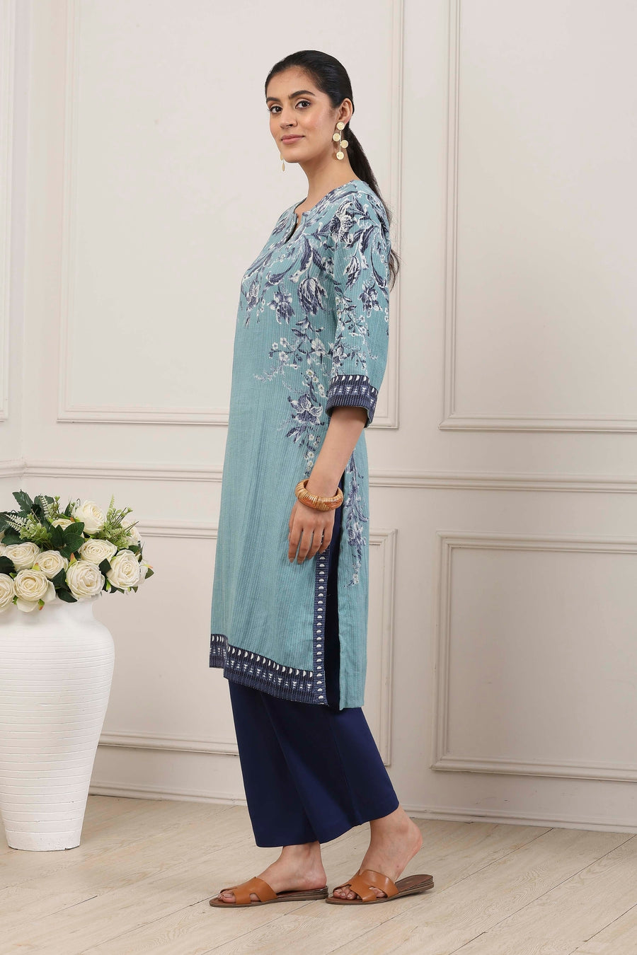 Blue Cotton Floral Printed Straight Kurta - image 3