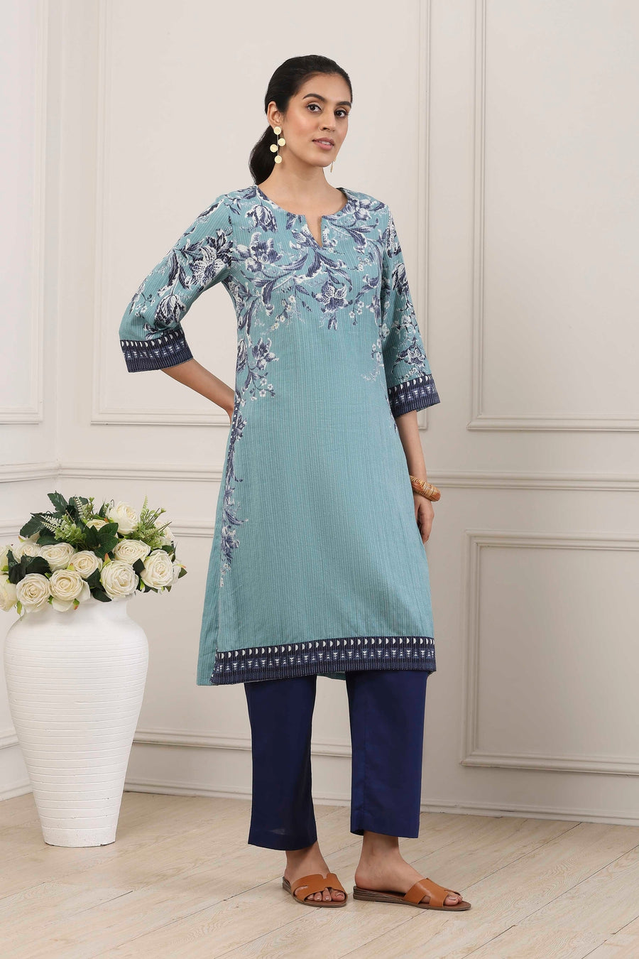 Blue Cotton Floral Printed Straight Kurta - image 5