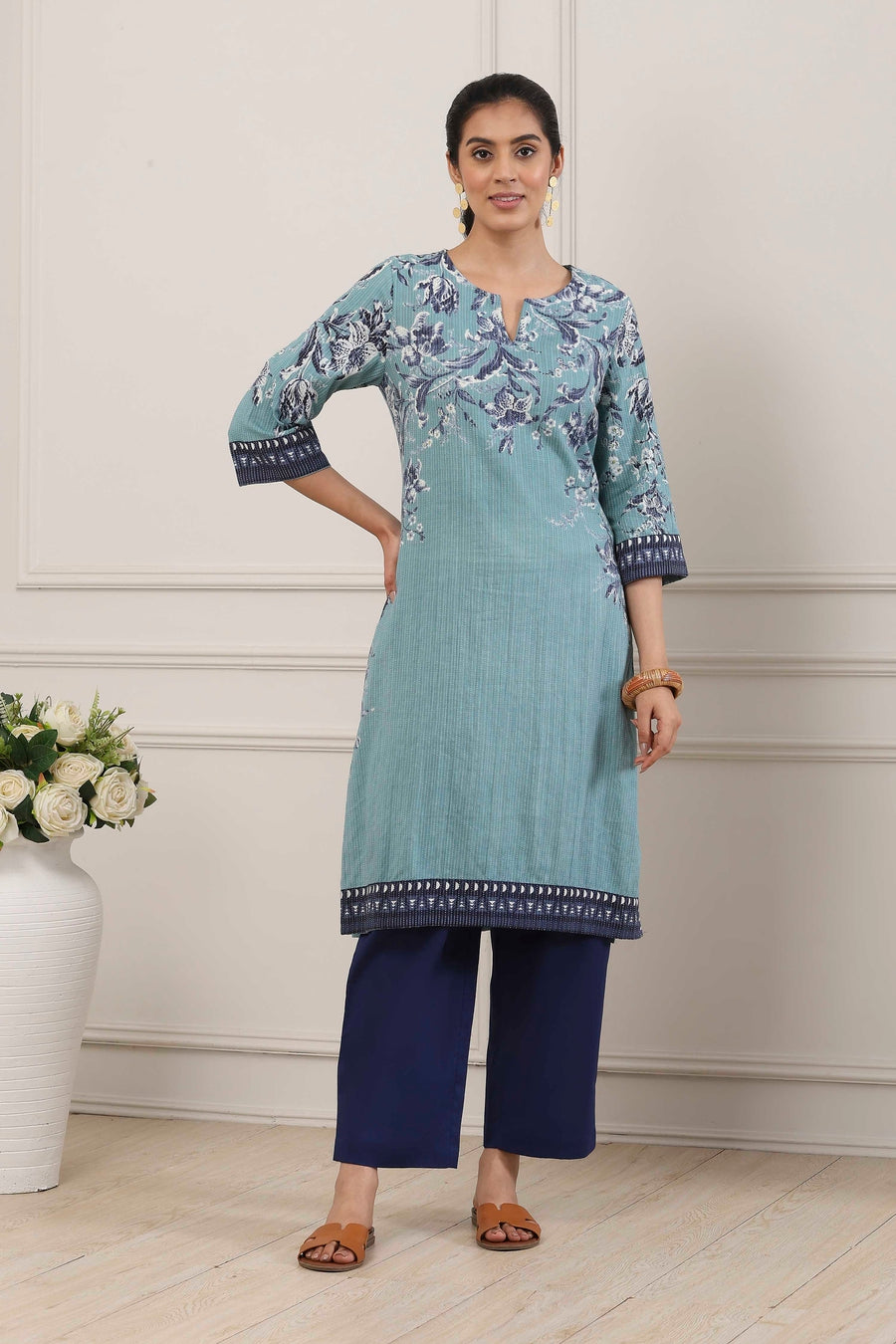 Blue Cotton Floral Printed Straight Kurta - image 6