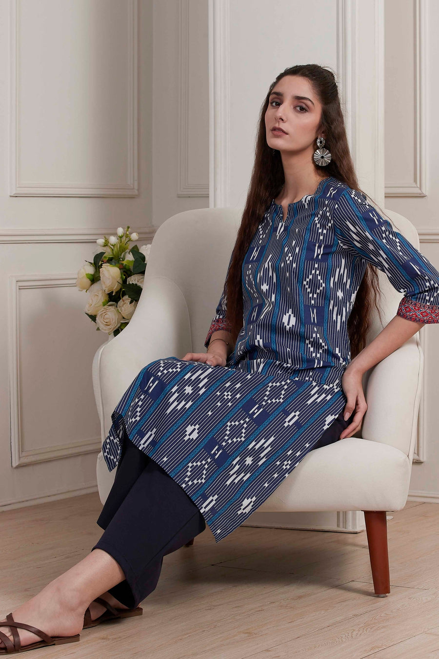 Blue Cotton Printed Straight Kurta