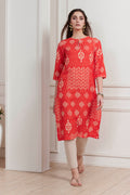 Orange Cotton Printed Straight Kurta