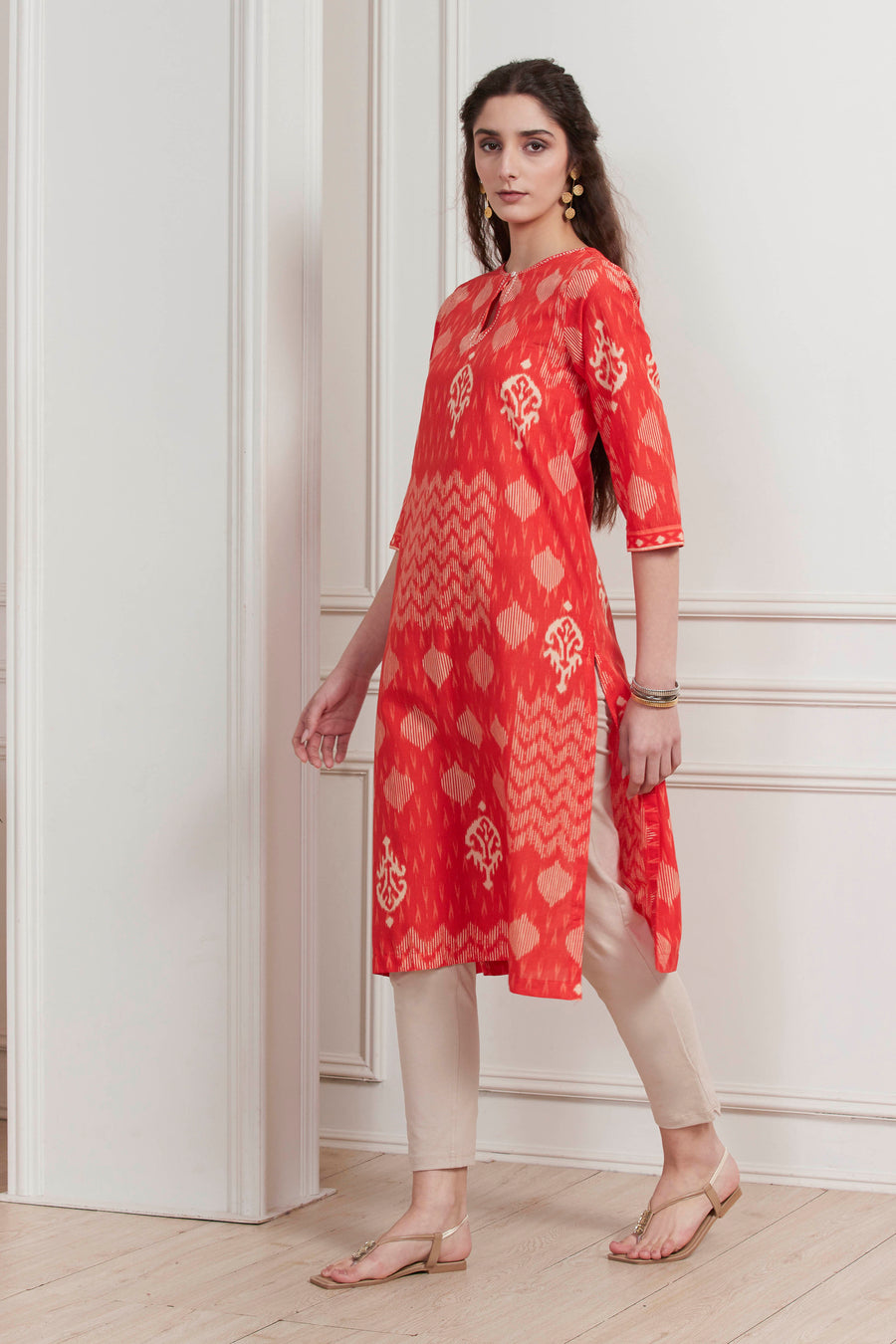 Orange Cotton Printed Straight Kurta - image 3