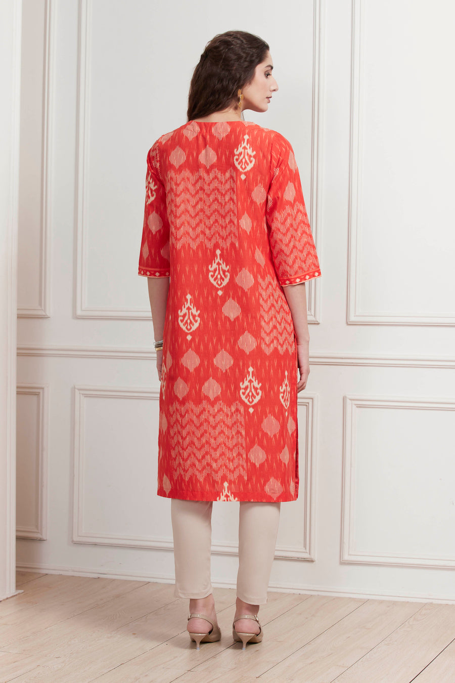 Orange Cotton Printed Straight Kurta - image 4