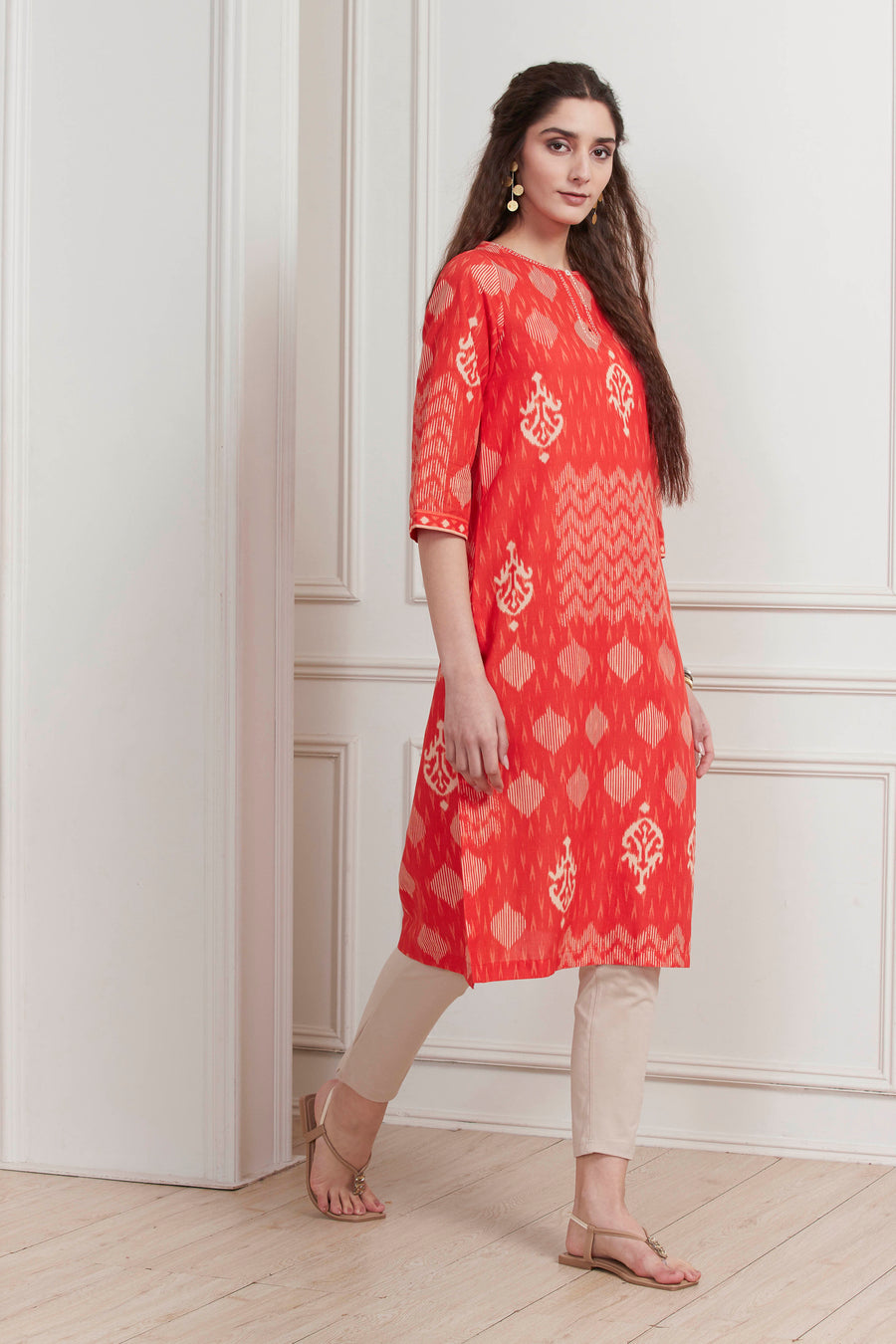 Orange Cotton Printed Straight Kurta - image 5