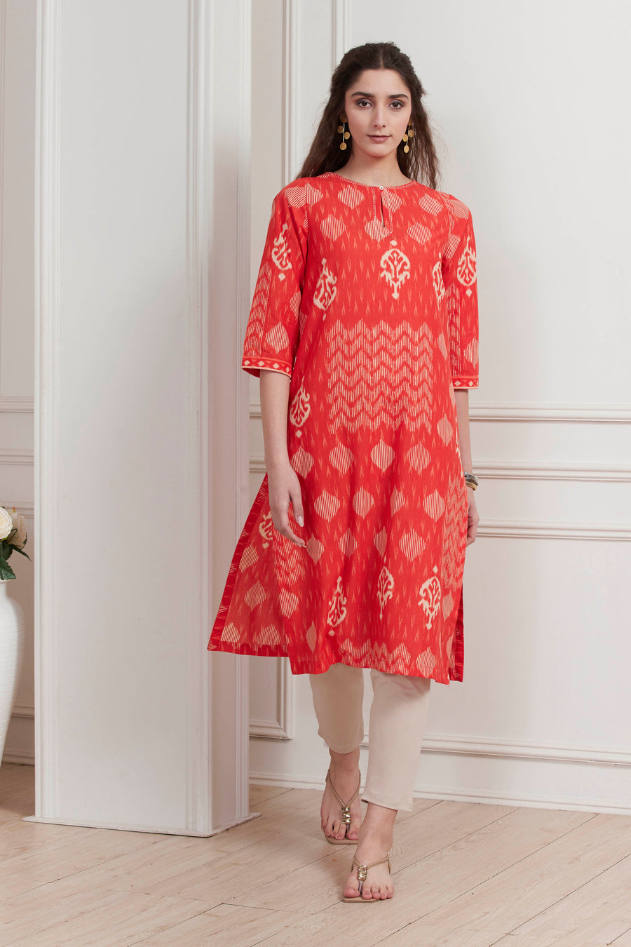Orange Cotton Printed Straight Kurta - image 6