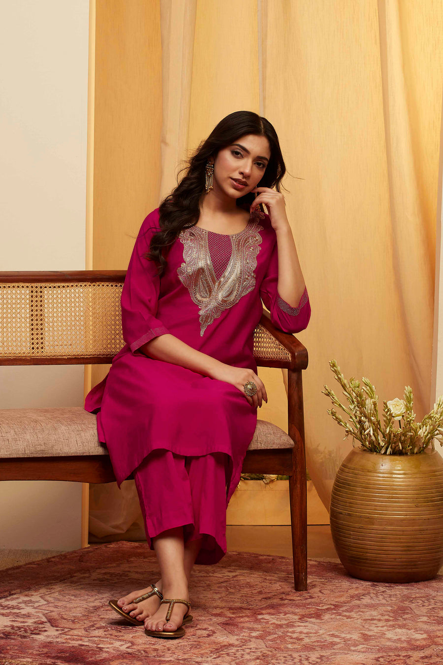 Pink Embellished Yoke Straight Kurta