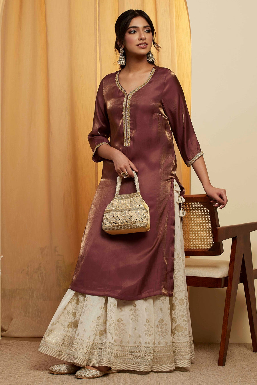 Wine Metallic Viscose Rayon Sheen Straight Kurta