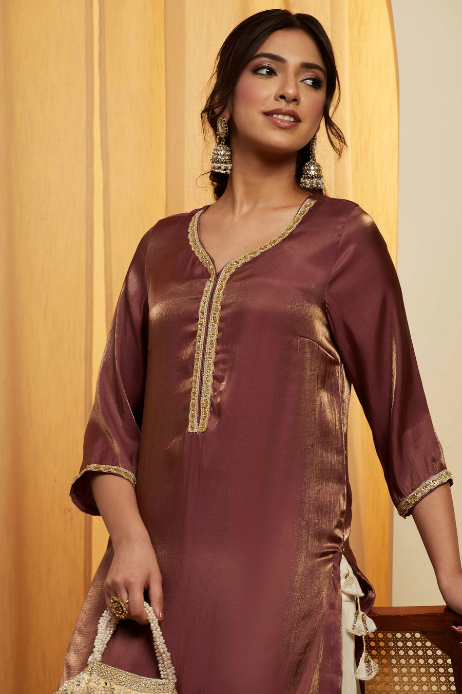 Wine Metallic Viscose Rayon Sheen Straight Kurta - image 2