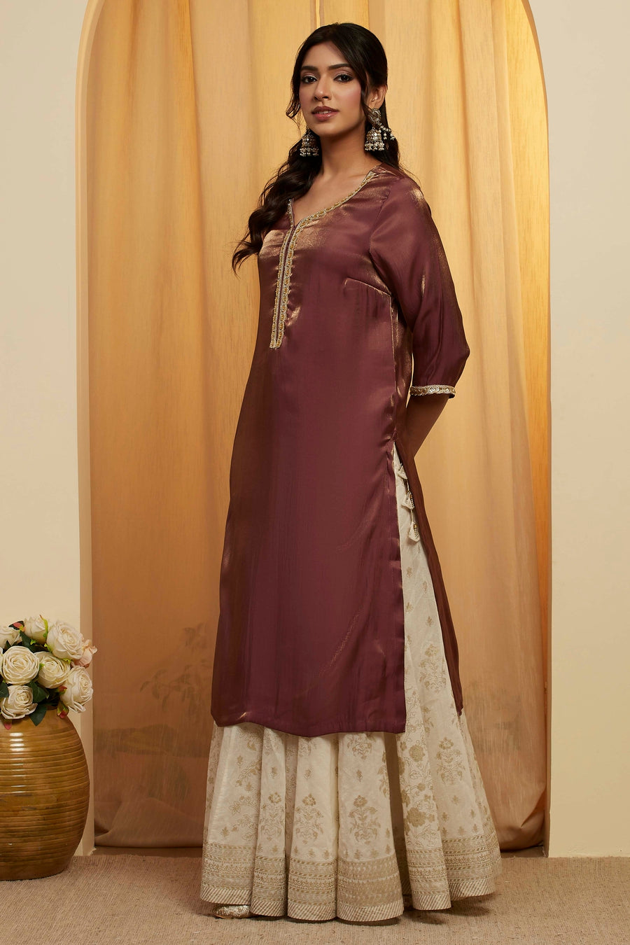 Wine Metallic Viscose Rayon Sheen Straight Kurta - image 3