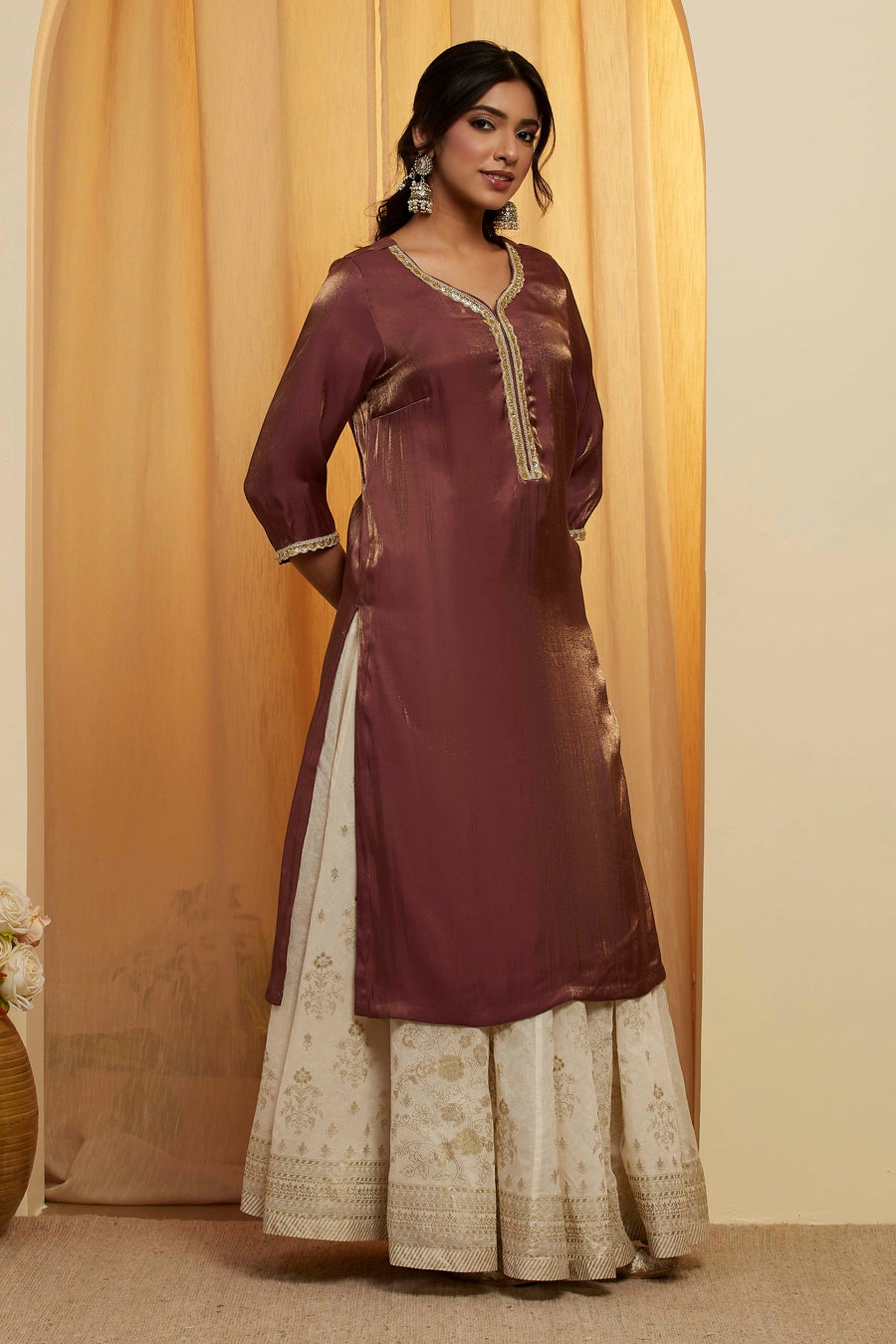 Wine Metallic Viscose Rayon Sheen Straight Kurta - image 4
