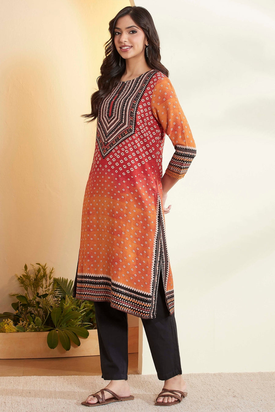 Rust Viscose Rayon Geometric Printed A-Line Kurta - image 4