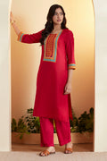 Red Cotton Yoke Printed Straight Kurta
