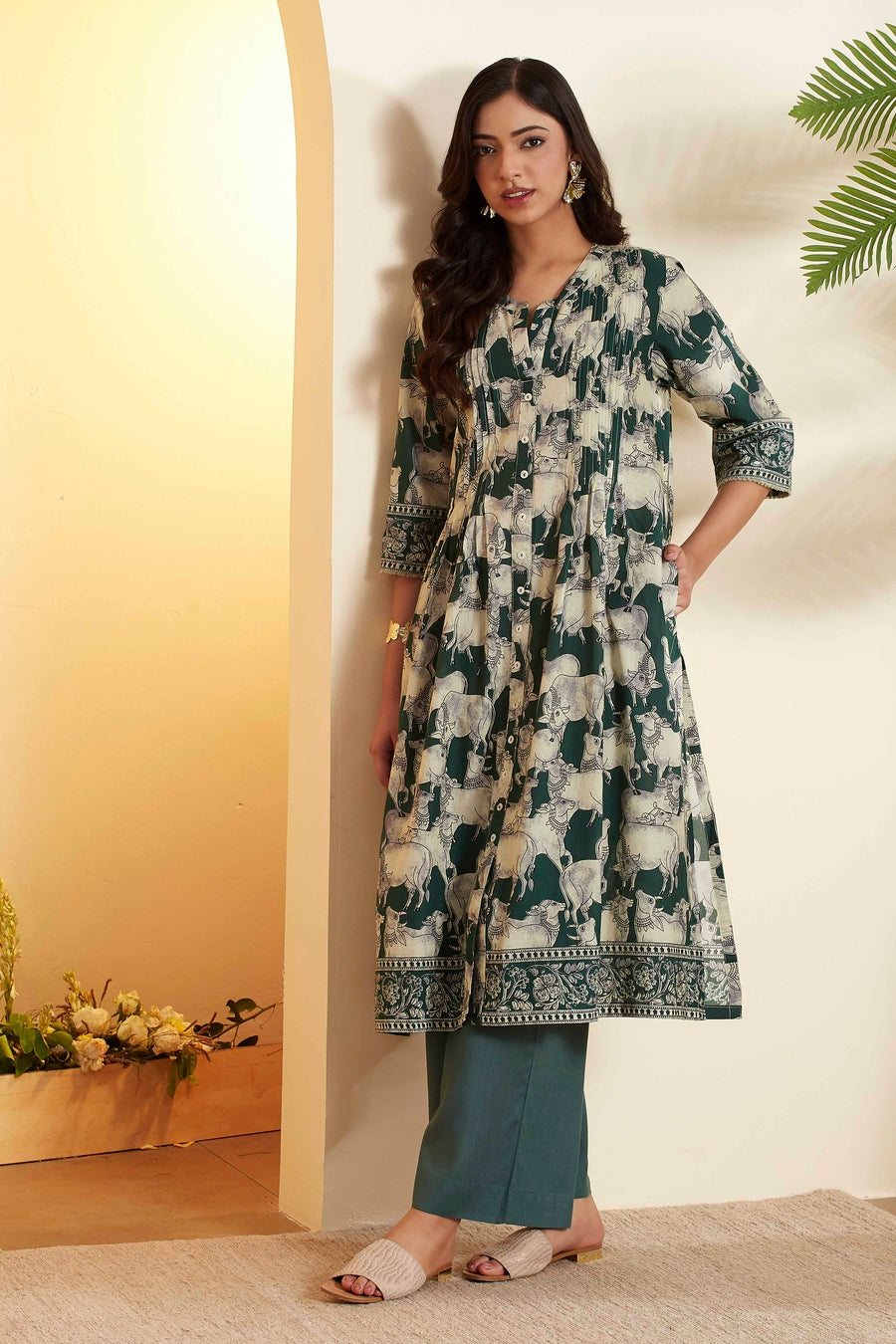 Green Cotton Animal Motif A-Line Kurta
