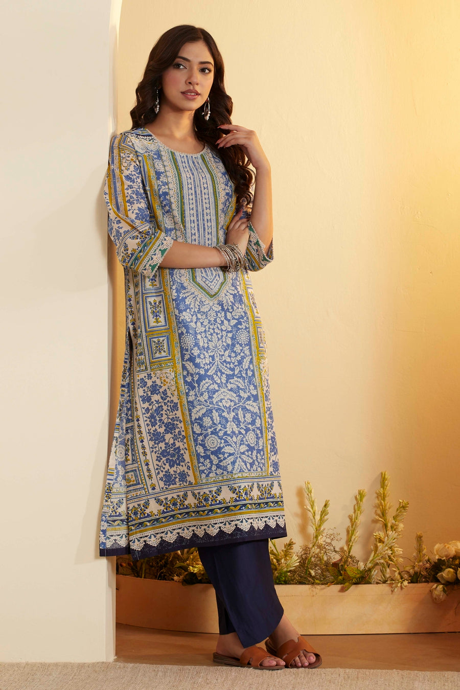 Blue Printed Cotton Straight Kurta
