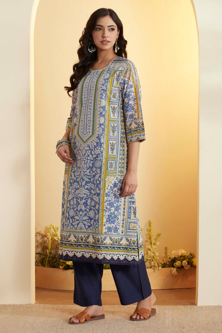 Blue Printed Cotton Straight Kurta - image 3