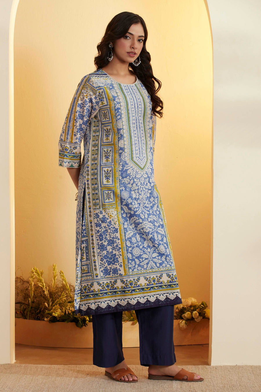 Blue Printed Cotton Straight Kurta - image 4