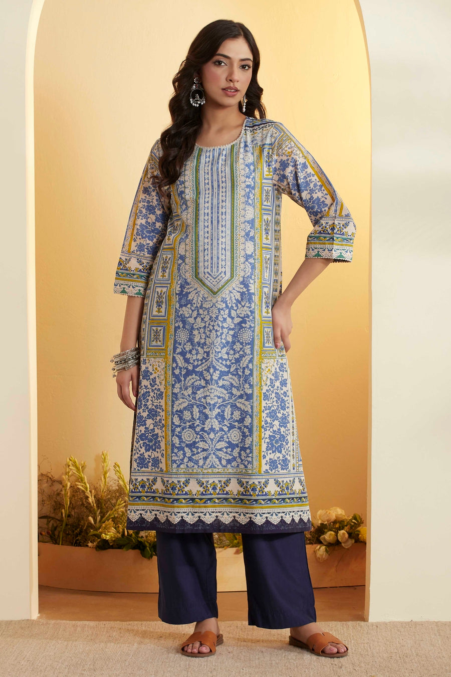 Blue Printed Cotton Straight Kurta - image 6