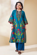 Teal Blue Cotton Printed Straight Kurta