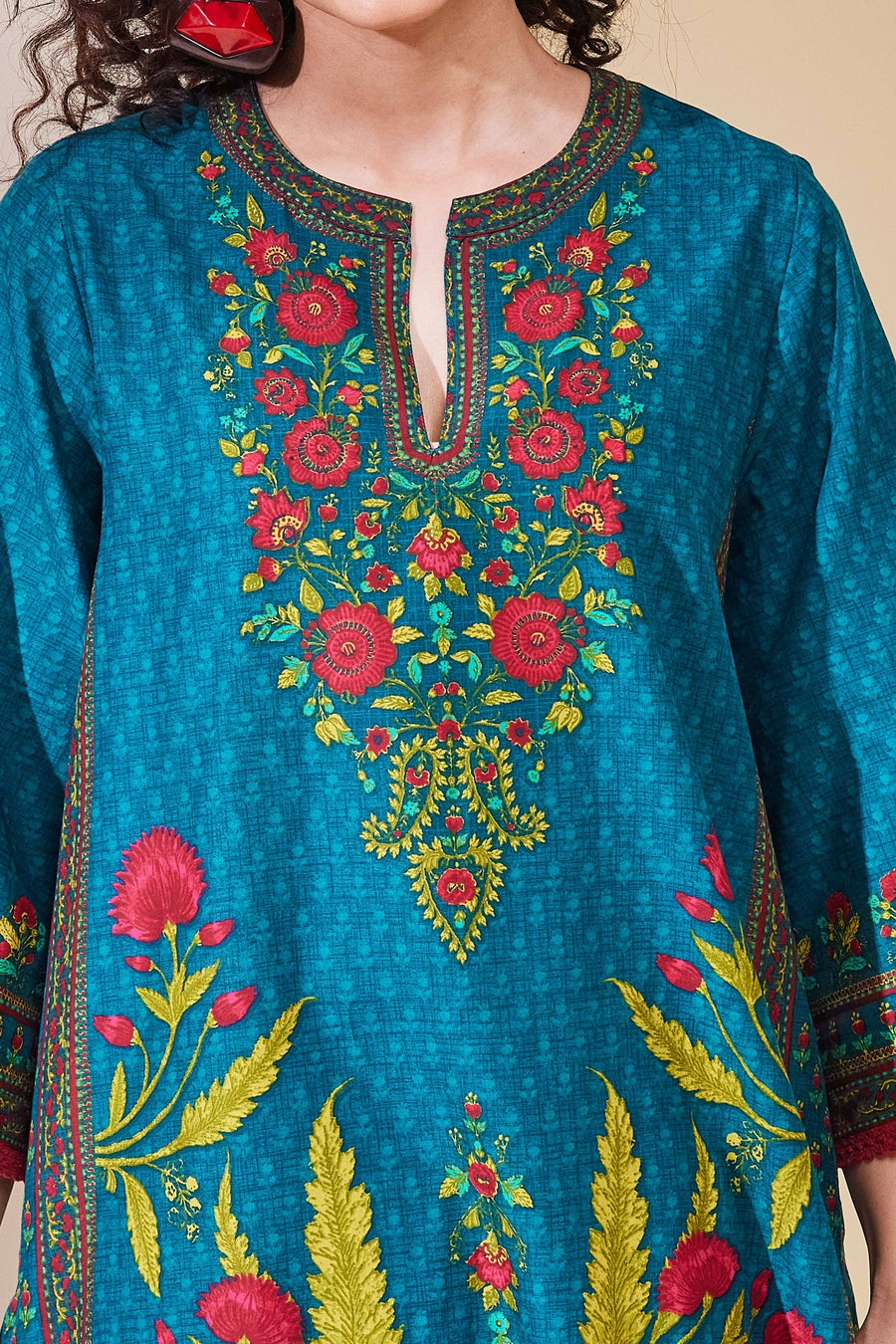 Teal Blue Cotton Printed Straight Kurta - image 2
